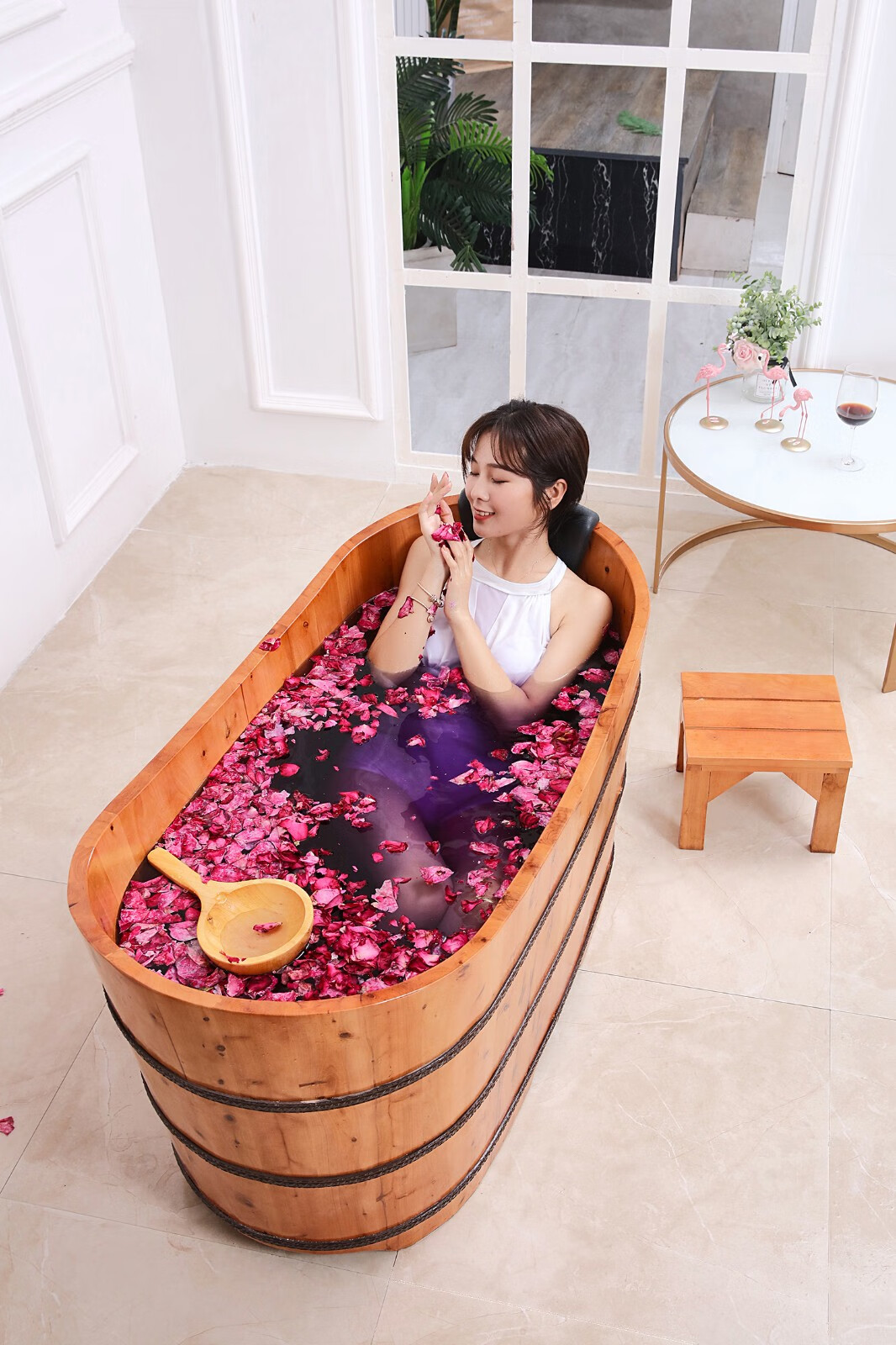 香柏木泡澡木桶洗澡桶实木洗澡家用美容院养生沐浴桶 单边带盖款150mc