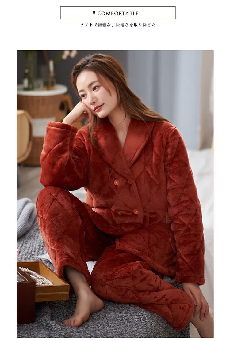 花丛丽影睡衣女冬季加厚加绒三层夹棉法兰绒珊瑚绒保暖女士冬天可外穿
