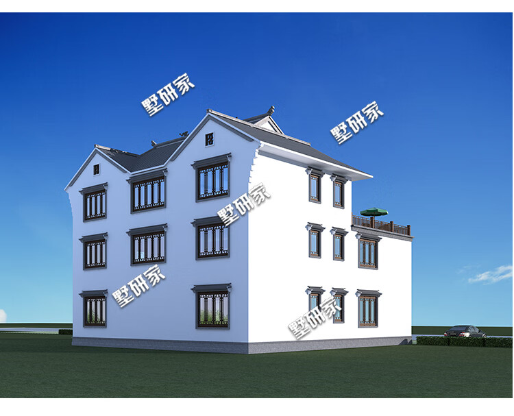 徽派建築三層四合院風格別墅設計圖紙新農村自建房全套施工圖紙效果圖