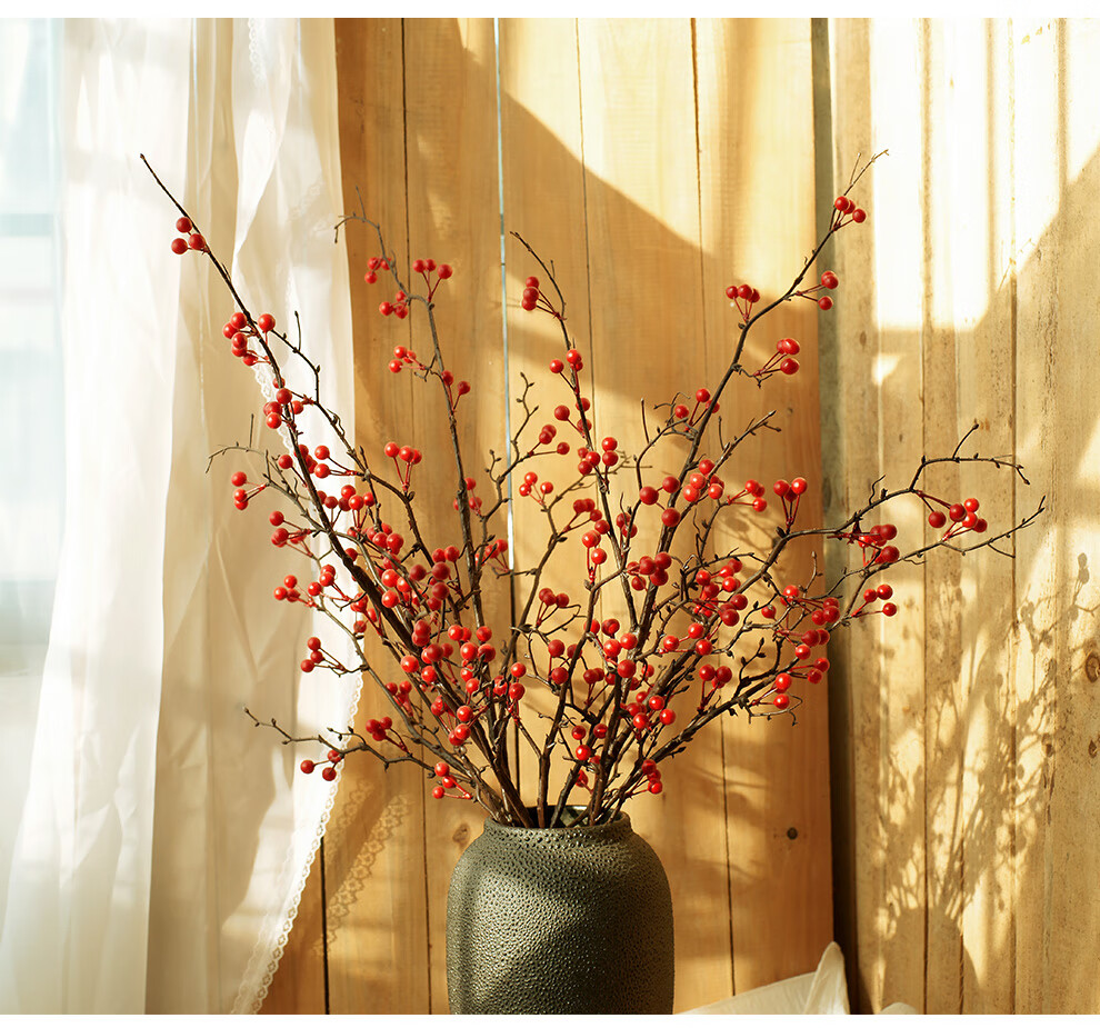 园艺 中式浆果红果仿真花束客厅餐桌相思豆插花装饰花艺发财果假花