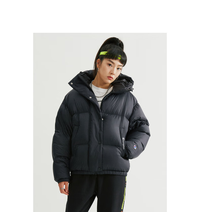 champion冠军秋冬经典女式廓形高领防风连帽羽绒服 深咖啡色 m