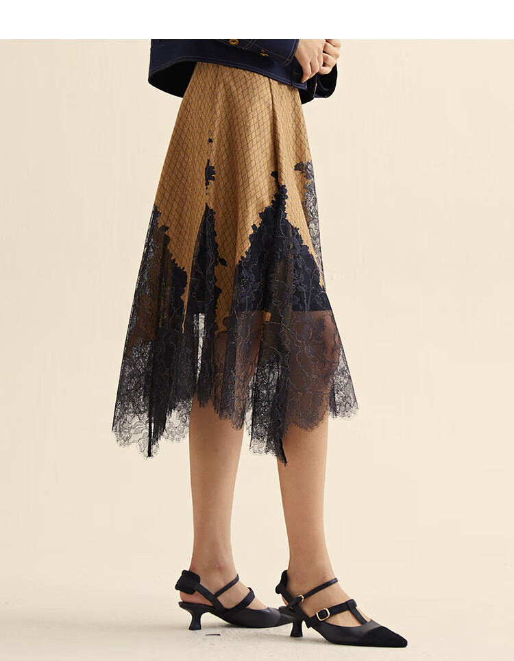 女装 半身裙 谜底 miidii/谜底21春新品复古浪漫不规则下摆拼接蕾丝