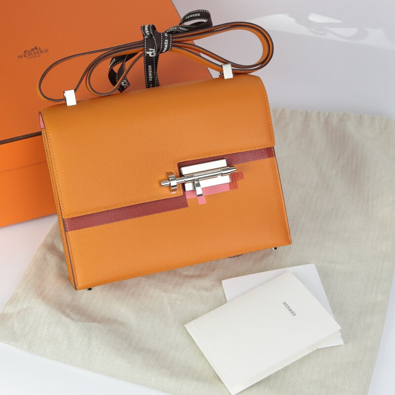 二手99新爱马仕hermesverrou23大号手枪包女士单肩包9r柠檬黄内拼色银