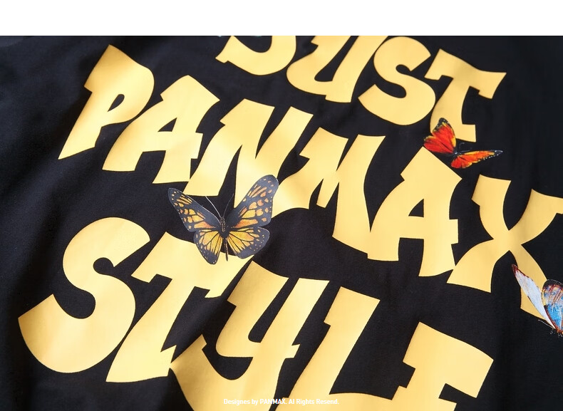 panmax短袖大码男装蝴蝶印花2021新款春夏字母情侣款圆领宽松t恤黑色