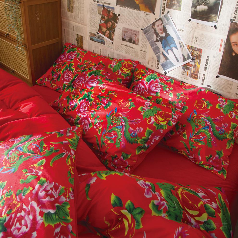 东北大花布四件套怀旧复古老式床单被套东北大花布四件套水晶绒加绒
