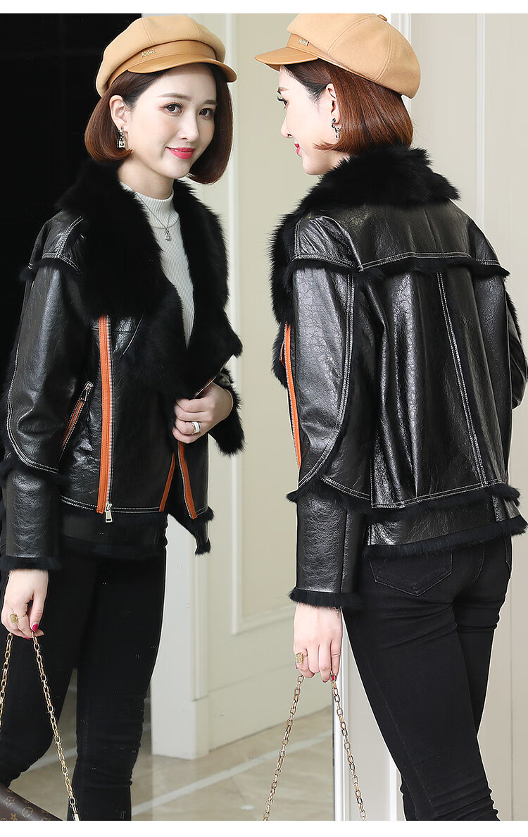 轻奢品牌(高品质)sorrynam皮毛一体女短款宽松外套真皮机车羊皮毛领