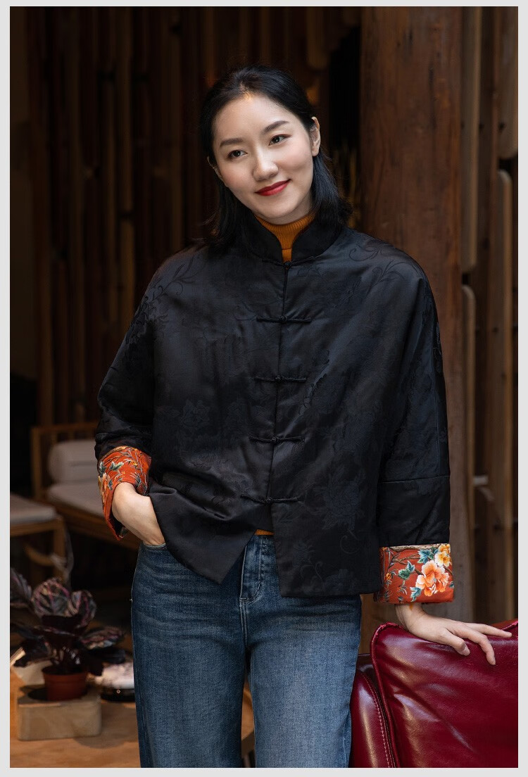 菲伊唐真蚕丝绣花盘扣宽松蝙蝠袖复古中式改良唐装女夹棉立领衣外套女