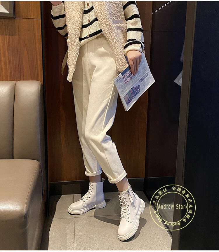 stark品牌马丁靴女2021新款英伦风机车短靴ins潮百搭双拉链单靴 米色