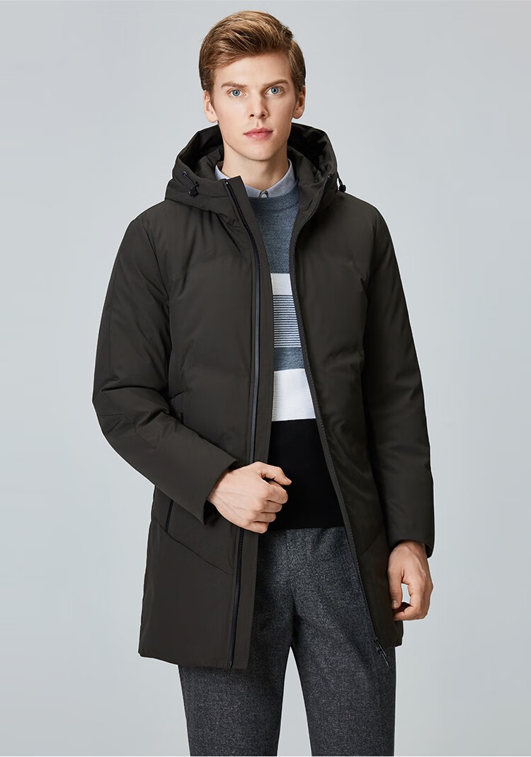 与狼共舞男装羽绒服男冬时尚保暖中长款羽绒外套001黑色16584a