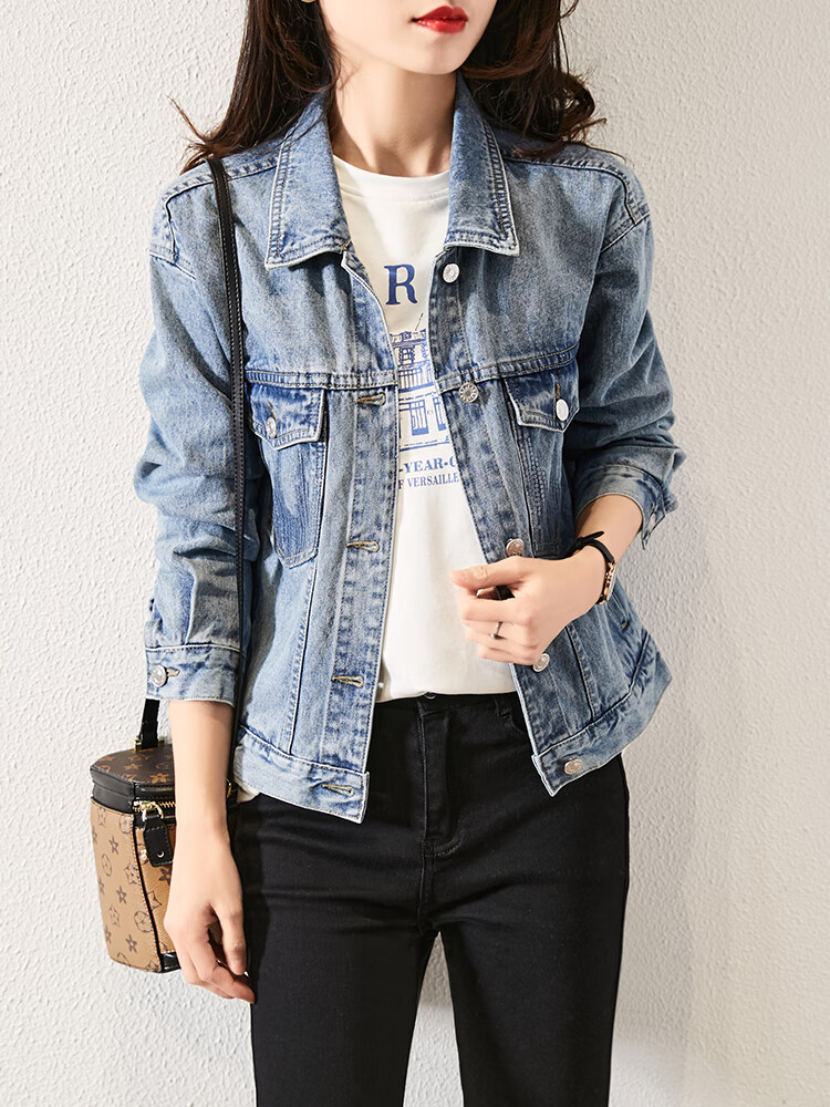 aosijie轻奢品牌女装 水洗牛仔短外套女2021春秋新款韩版宽松显瘦短款