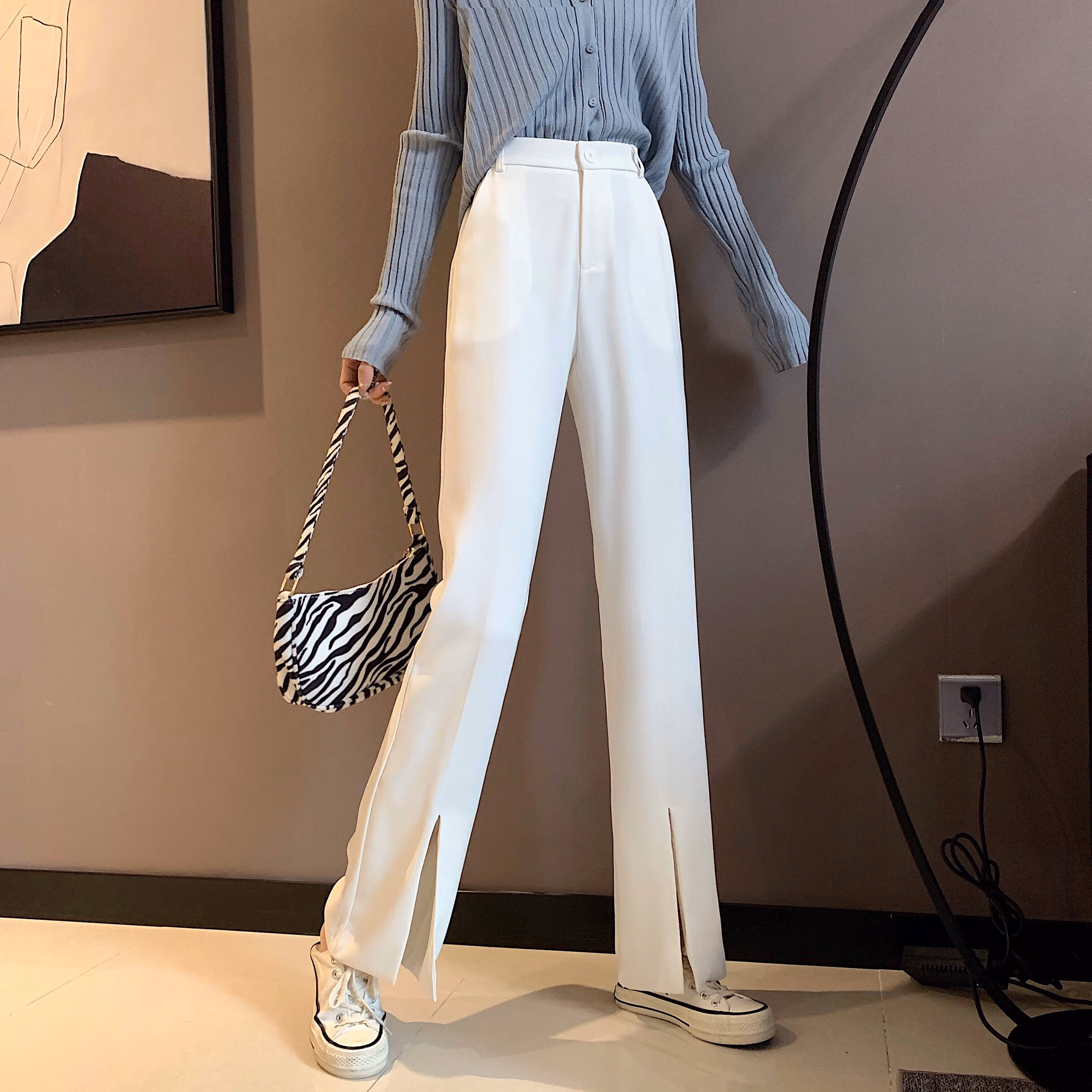 高腰开叉裤子女春秋2021新款韩版显高显瘦阔腿裤垂感西装裤直筒裤