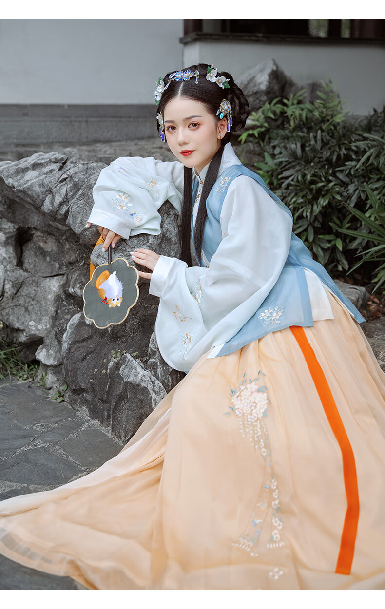 花朝记汉服浅绿对襟袄蓝甲45m摆双层齐腰裙秋冬套敛秋光单件背心l