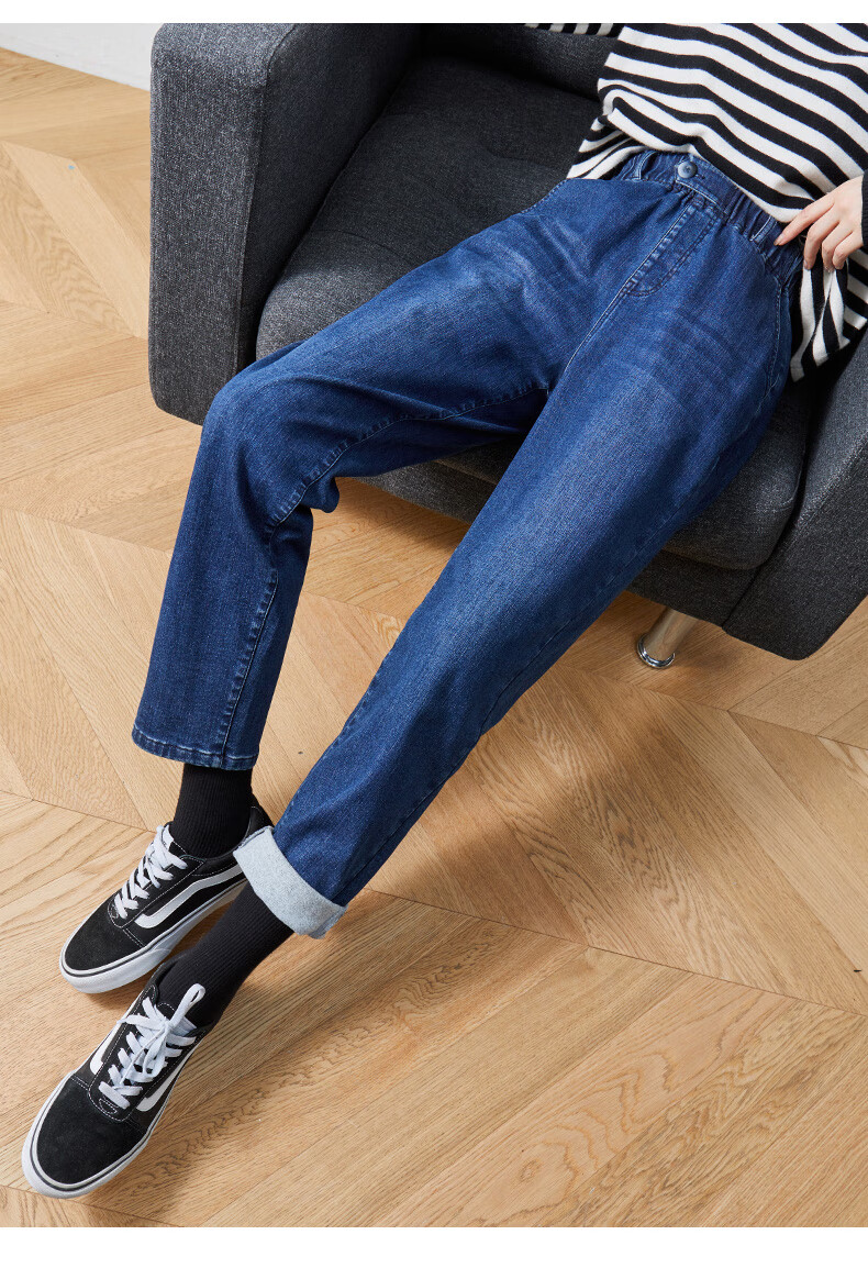 黑科技发热牛仔裤女高腰老爹裤2020秋冬新款加绒宽松哈伦裤 蓝色(b0)