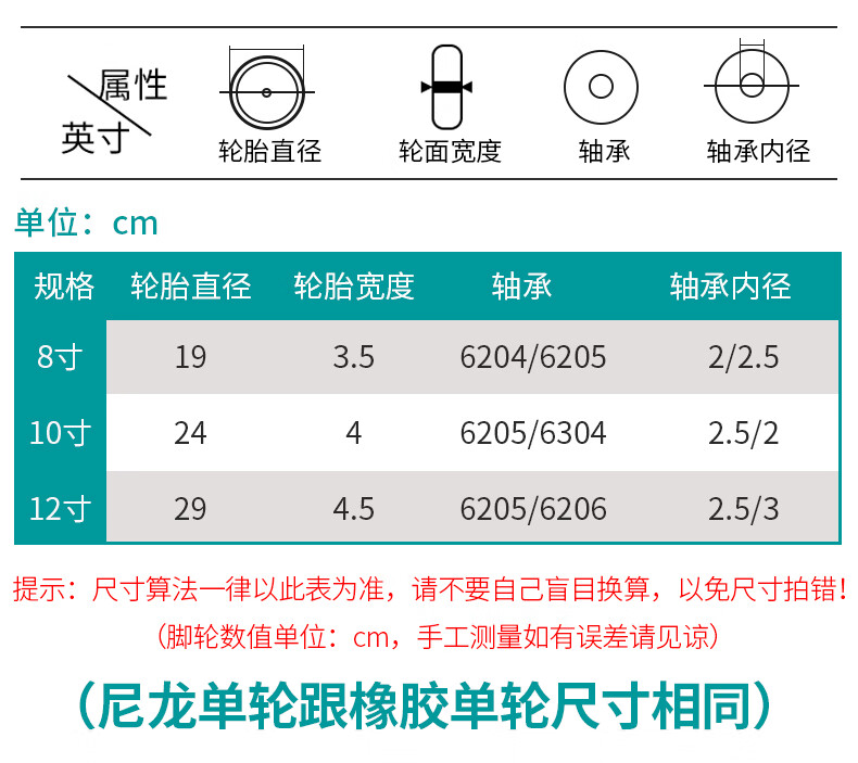 老虎车两轮8/10寸12重型尼龙轮脚轮橡胶轮拖车平板手推车轮子轮胎 8寸