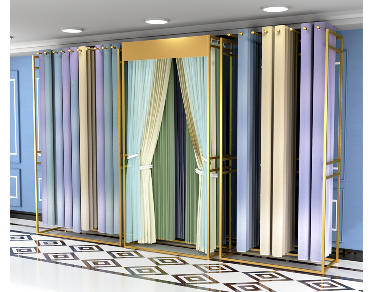 窗帘样品展架 窗帘布成品展示架落地式轻奢金色摇臂罗马杆展架布艺