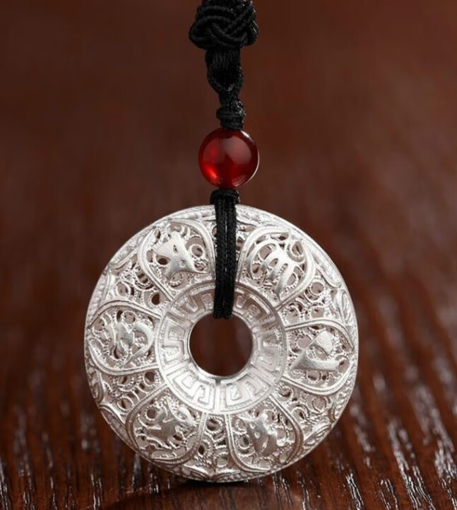 miflame六字箴言银平安扣s999足银花丝镂空佛八宝银挂件挂绳女银项坠