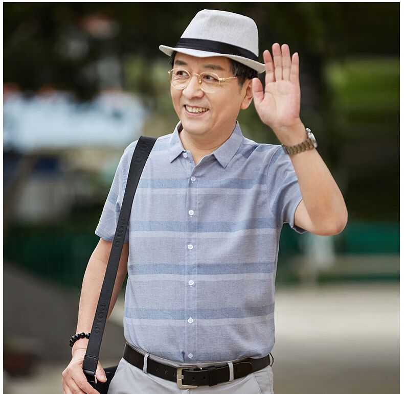 人衬衫男中年短袖爸爸装款男士冰丝衬衣老人爷爷衣服20213蓝色165s