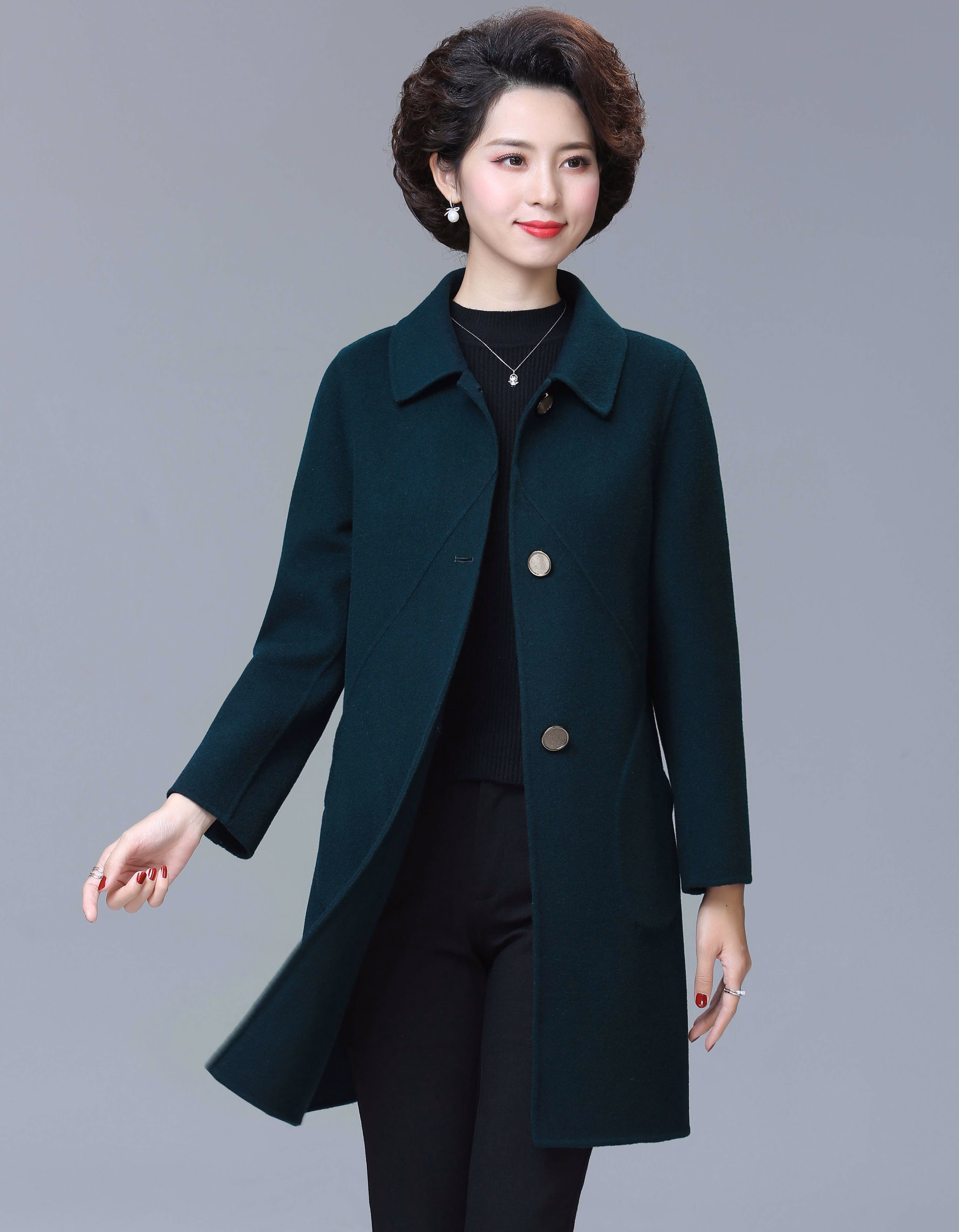 高档品质妈妈秋装气质毛呢外套中长款中老年秋冬双面呢大衣女高贵大码