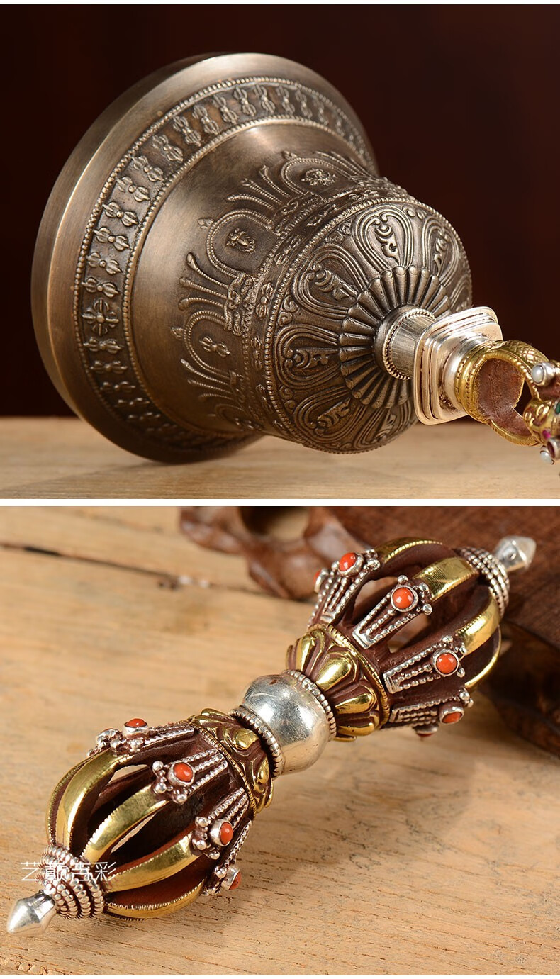 艺巅吉彩 五股金刚铃杵尼泊尔手工铜银九股铃杵藏传佛教密宗修行供俱