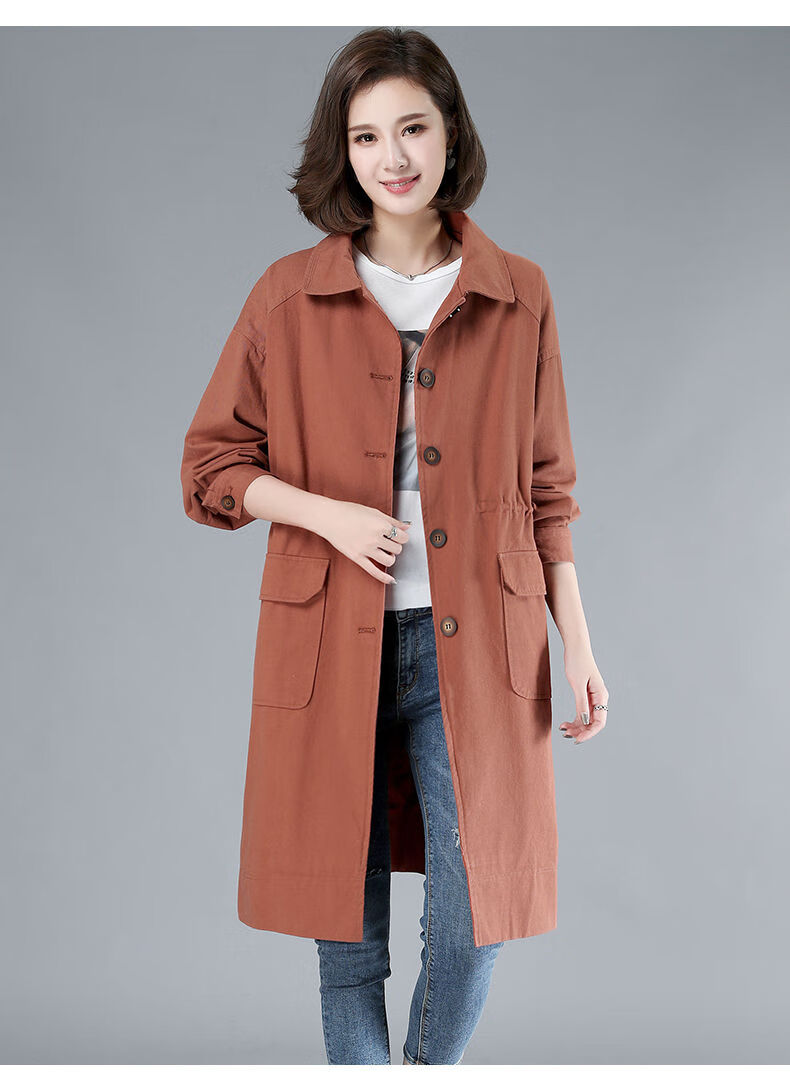 女装纯棉风衣女中长款2020秋新款宽松休闲简单大方大码薄款秋季外套