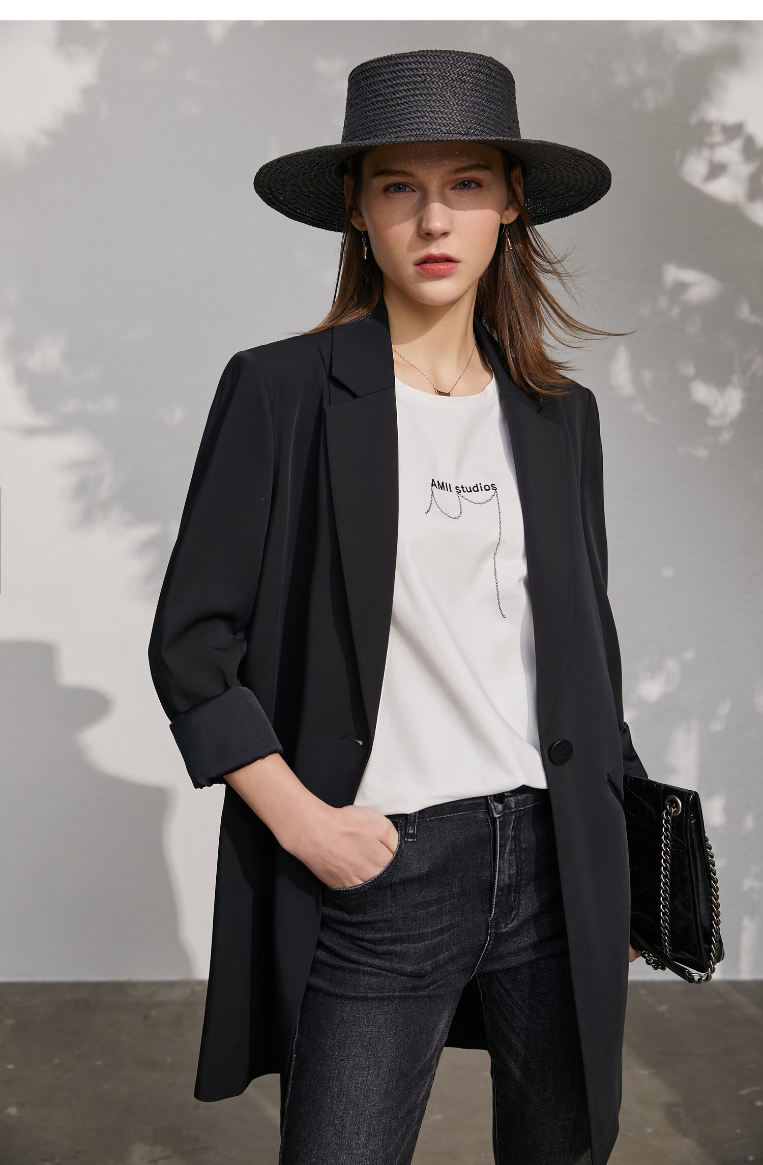 amii极简法式休闲西装外套女2021春秋新款长款翻领黑色白色上装 黑色