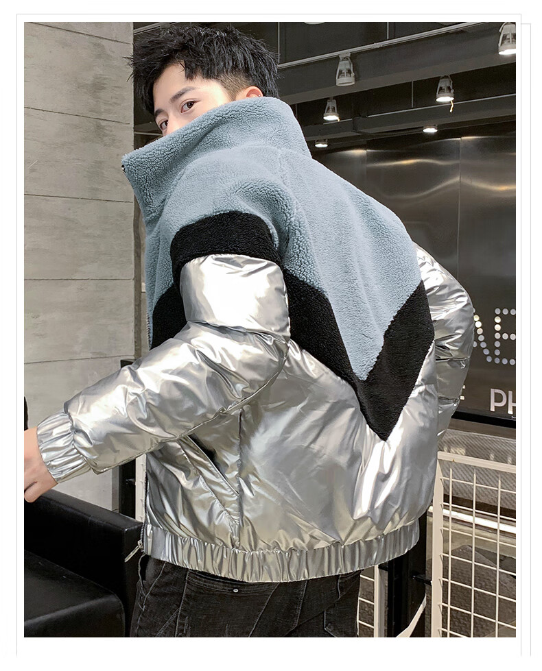 花花公子亮面外套男潮流帅气秋冬装上衣服加厚保暖男士拼接立领夹克