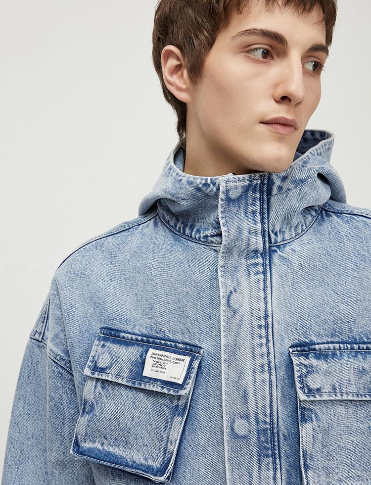 jackjones杰克琼斯秋男复古连帽做旧工装牛仔夹克外套