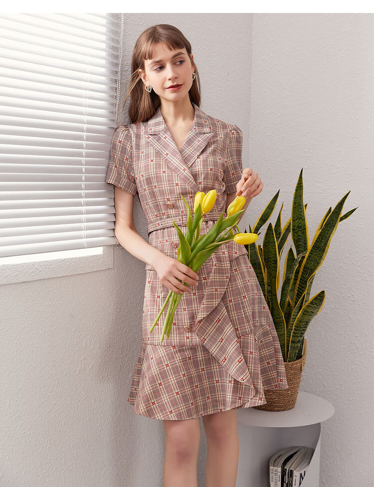 衣香丽影韩版西装领条纹中长款森女系连衣裙女女装粉橘格纹l