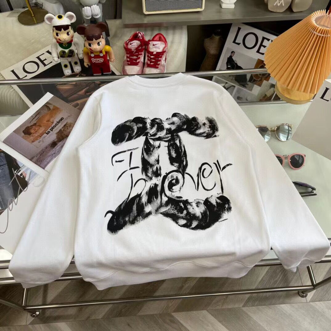 同款2022秋冬新款小香风水墨双c情侣logo香奈儿字母卫衣男女同款 白色