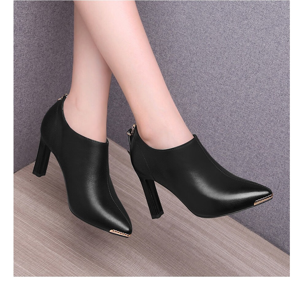 单鞋女春季新款真皮高跟时装鞋 头层牛皮尖头粗跟软面不磨脚单鞋 后