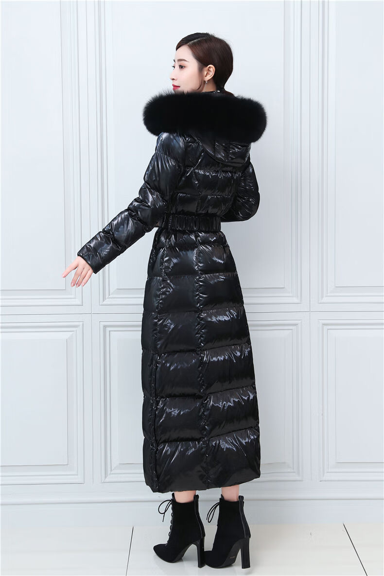 2020年新款免洗亮面羽绒服女长款过膝修身到脚踝加厚加长腰带超长