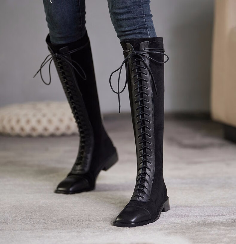 wallerdixon品牌骑士靴女2020冬季新款英伦方头交叉绑带高筒马丁靴女