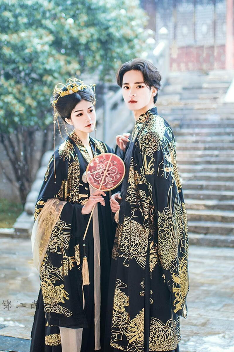 高品质君临汉服女黑色霸气古风交领对襟齐胸齐腰襦裙烫金大袖衫情侣