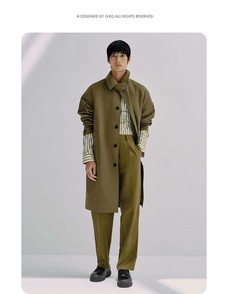 gxg男装斯文系列21年春季新款原色主题军绿色风衣男士外套潮军绿170m