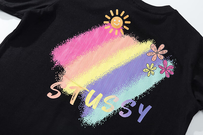stussy斯图西新款美式潮牌潮炸街ins情侣装彩虹花朵印花男女款短袖t恤