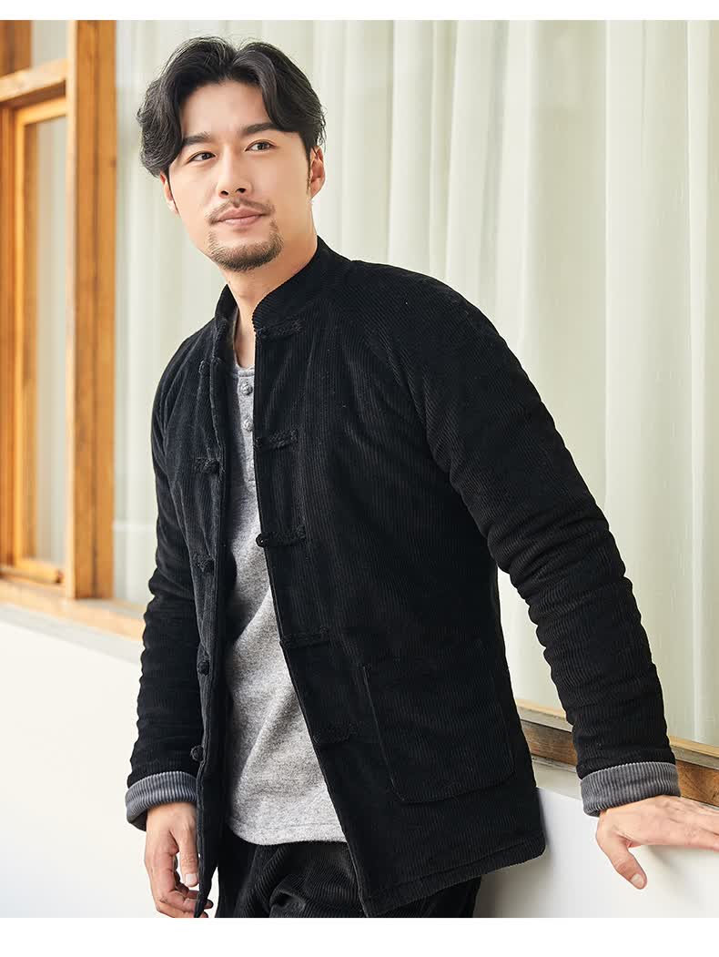 灯芯绒唐装男冬季休闲保暖男士棉服中国风复古男装外套厚款棉袄黑色