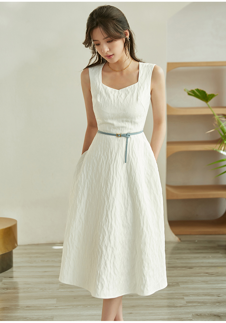 w罗衣淑女方领无袖连衣裙夏装新款气质白色优雅大摆裙子04593白色m