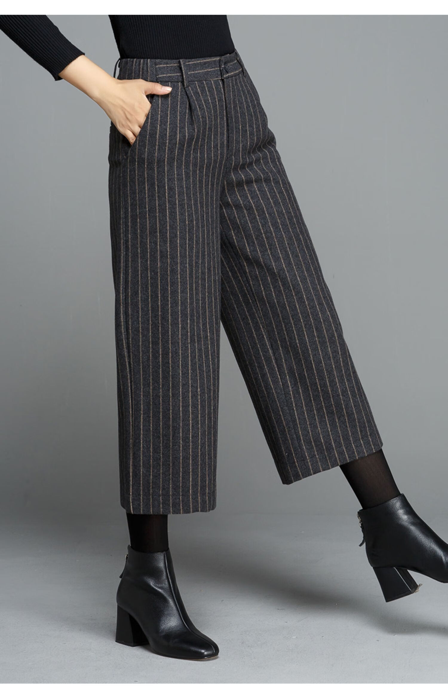 春秋穿的女士羊毛毛呢裤子阔腿裤女春秋款高腰加厚七分条纹小个子垂感