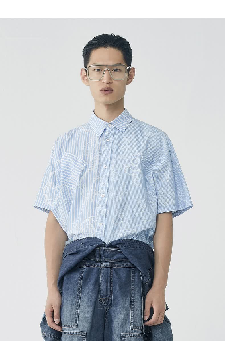 【商场同款】速写男装2021夏新品衬衣时尚短袖条纹趣味9l3110160 465