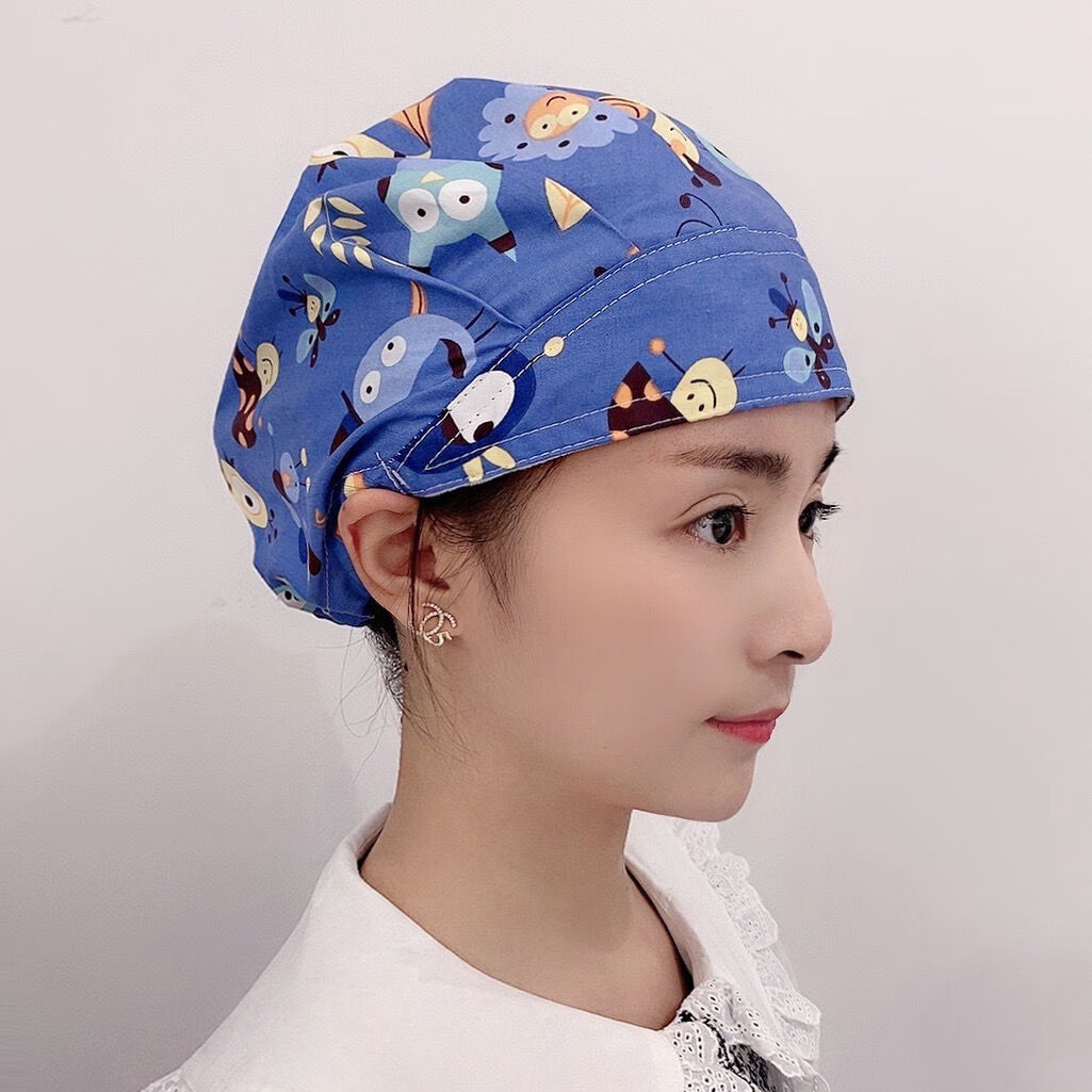纯棉厨房帽做饭炒菜防油烟防掉头发可调节扣手术室医生护士帽蓝色小鸟