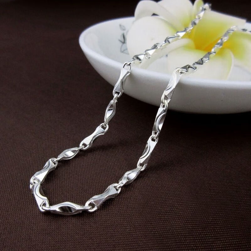 999纯银手工元宝链时尚潮流足银项链男实心锁骨链百搭银链子 元宝链男