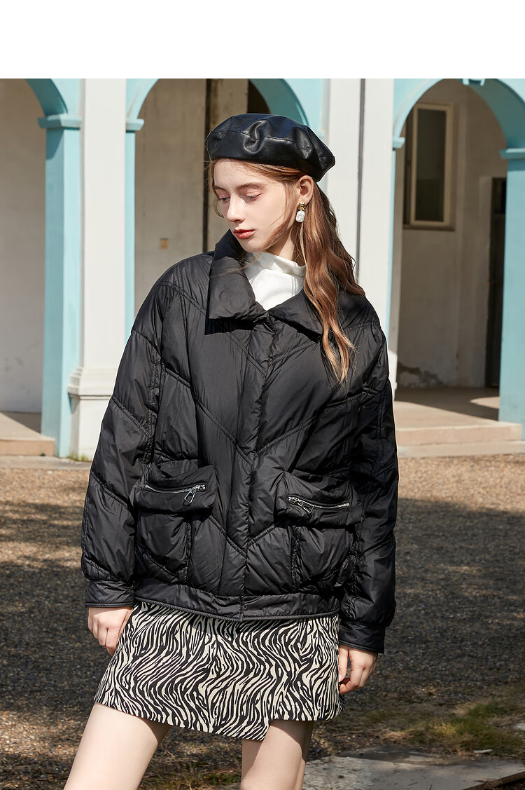 三彩2020年冬季新款白鸭绒宽松短款羽绒服面包服外套女 黑色 155/80a