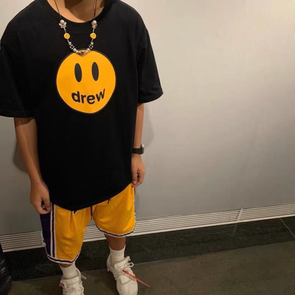 笑脸贾斯汀比伯fog男女情侣同款高街嘻哈纯棉宽松短袖t恤夏季 drew 桔