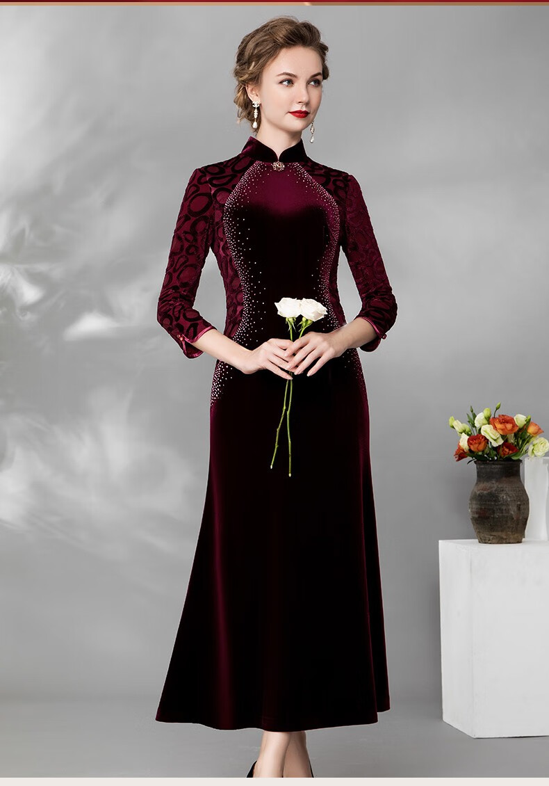 名兰世家女冬礼服连衣裙新品中国风旗袍领高端丝绒长裙酒红45l