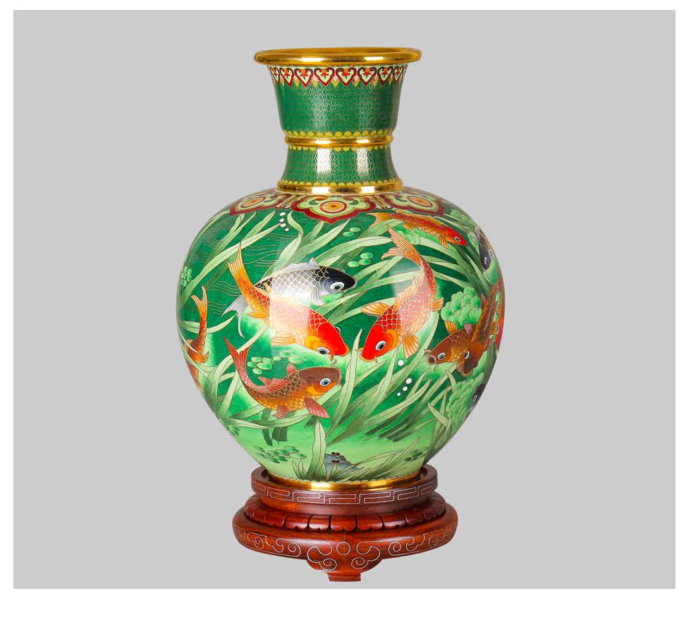 【收藏天下】中国工艺美术师米振雄 景泰蓝《富春瓶-金鱼》