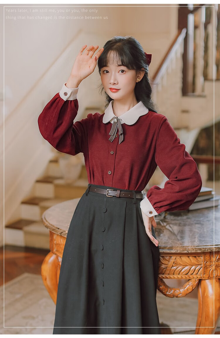 秋冬季连衣裙朗诵演讲比赛服装女民国风复古小洋装少女学生两件套 单
