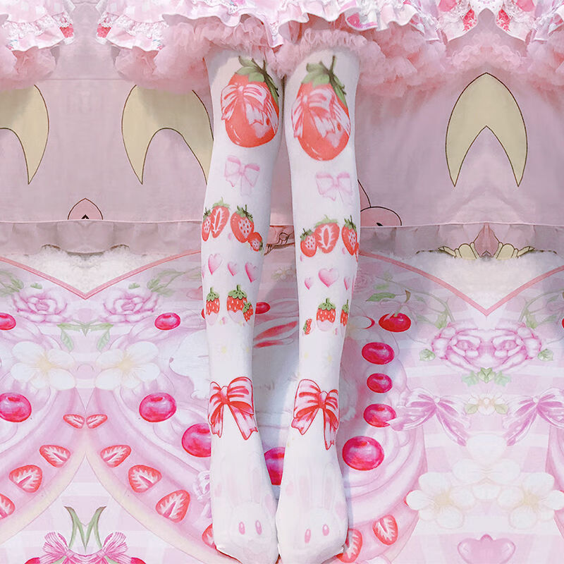 洛丽塔lolita夏季薄款印花打底裤萝莉软妹踩脚cos过膝连脚丝袜 随机一