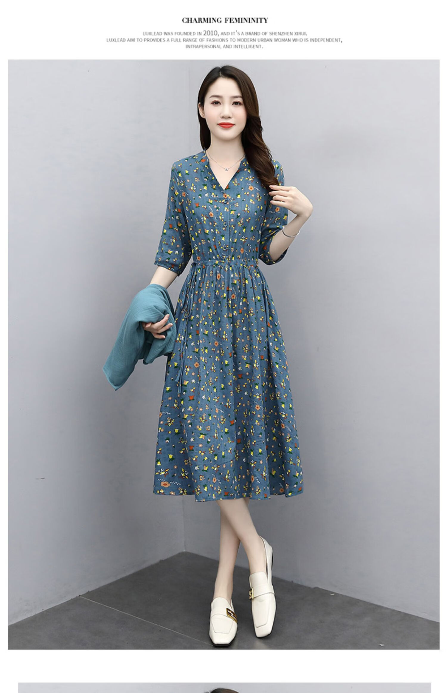 碎花连衣裙两件套2021春装新款气质显瘦v领洋气轻熟风套装裙蓝色l建议
