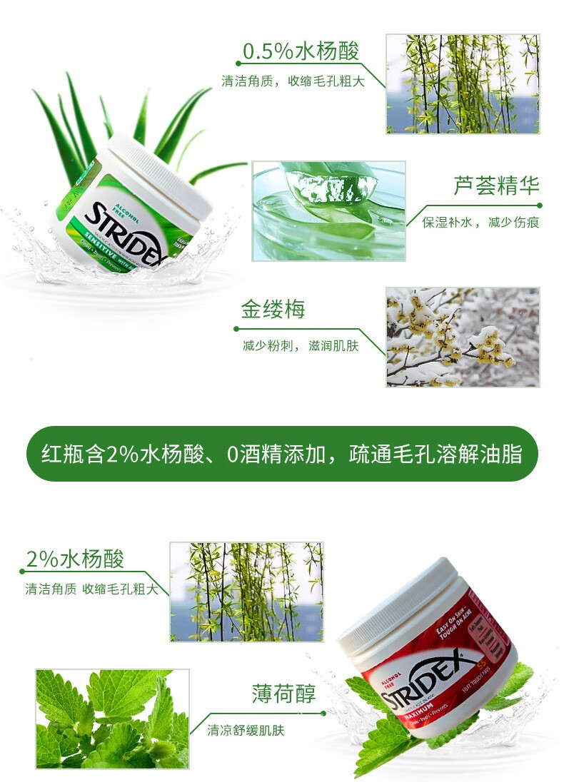 STRIDEX 美国进口施颜适水杨酸棉片抗痘去死皮软贴芦荟控油清痘清洁毛孔  【棉片 0.5%水杨酸】