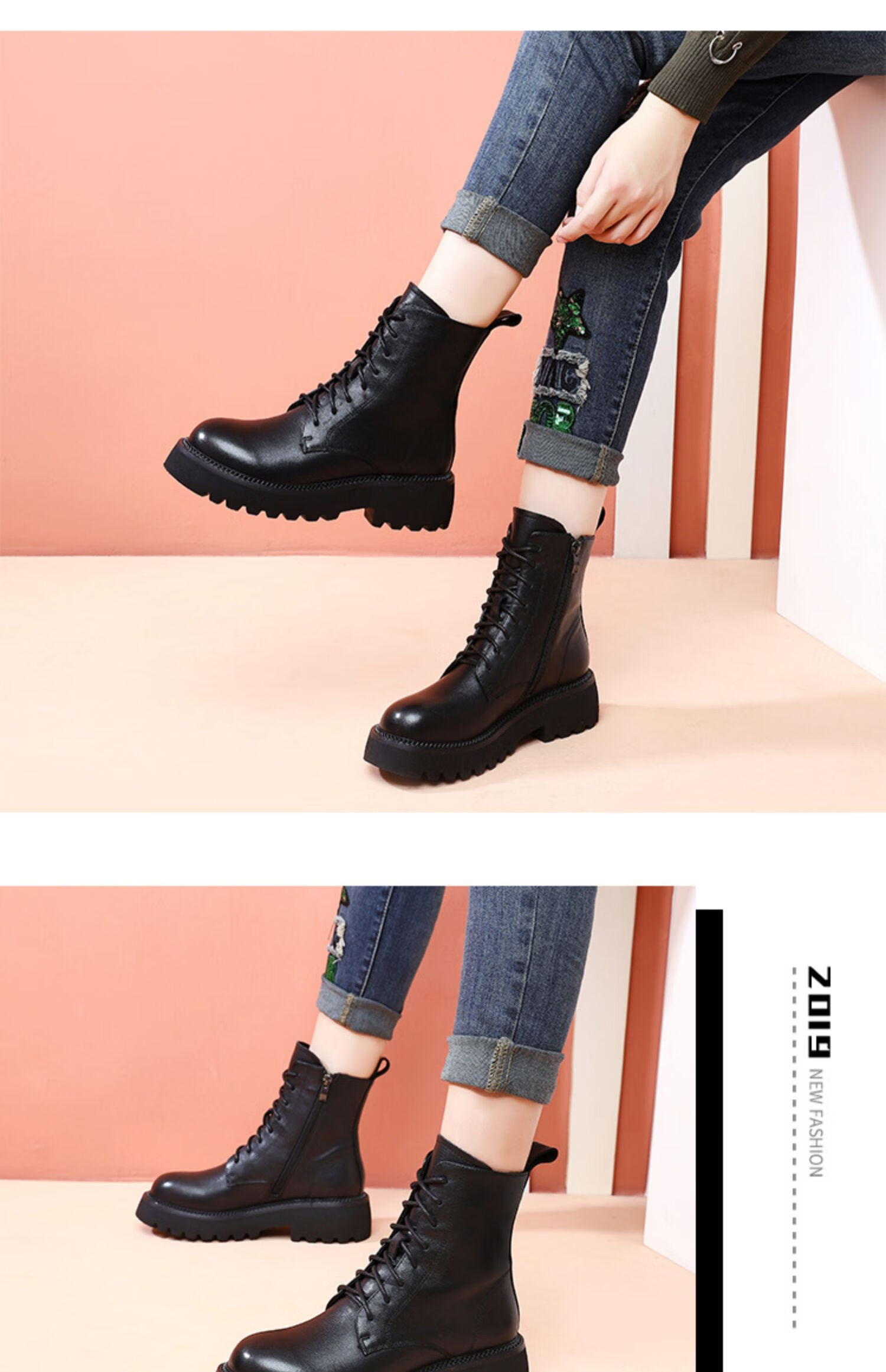 日泰女鞋马丁靴女新款百搭秋冬季侧拉链英伦风厚底增高短靴子 棕色加